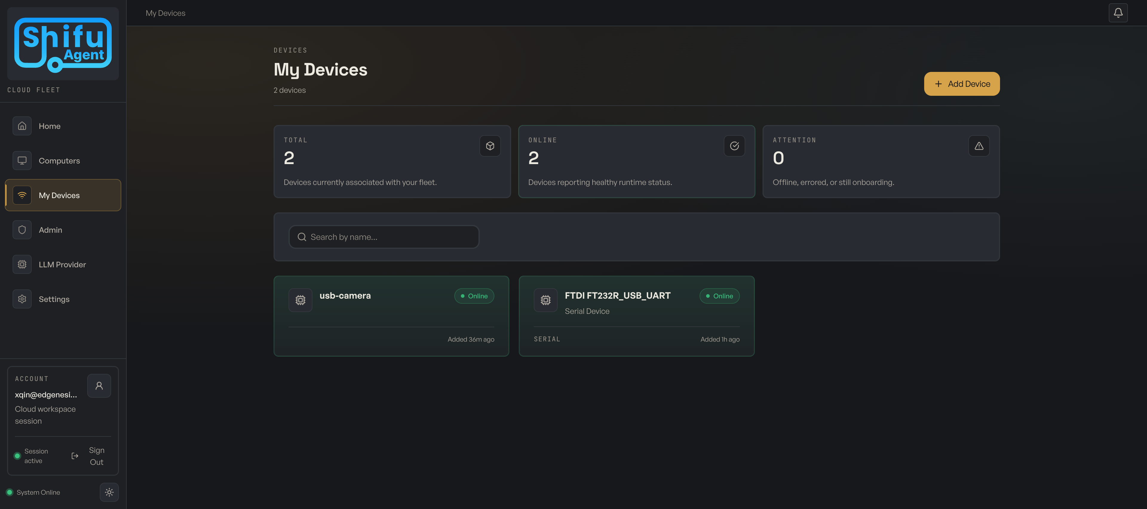 Device fleet showing USB camera online and FTDI serial device onboarding simultaneously