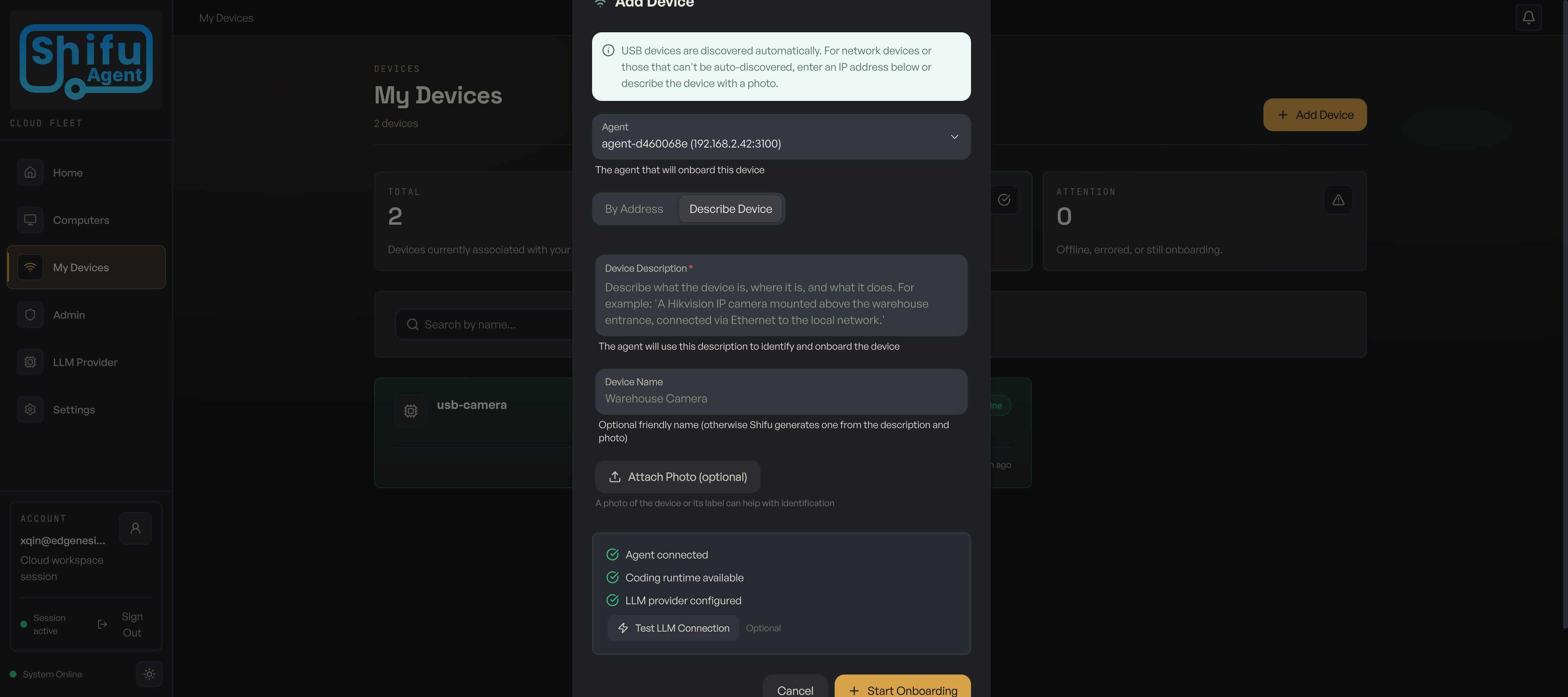 Add Device dialog showing AI-native Describe Device mode
