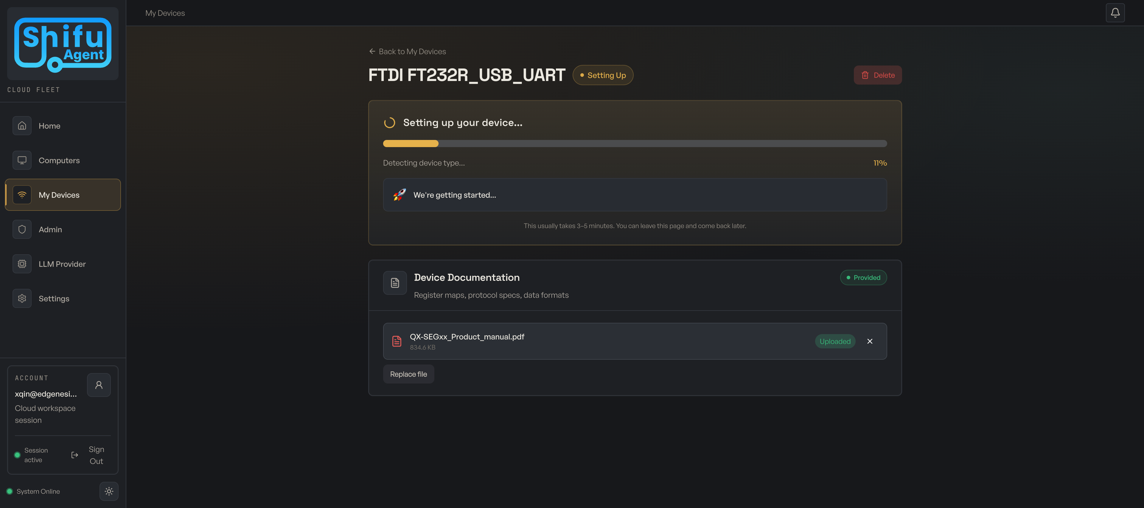 Shifu Agent onboarding an FTDI serial device with real-time progress tracking