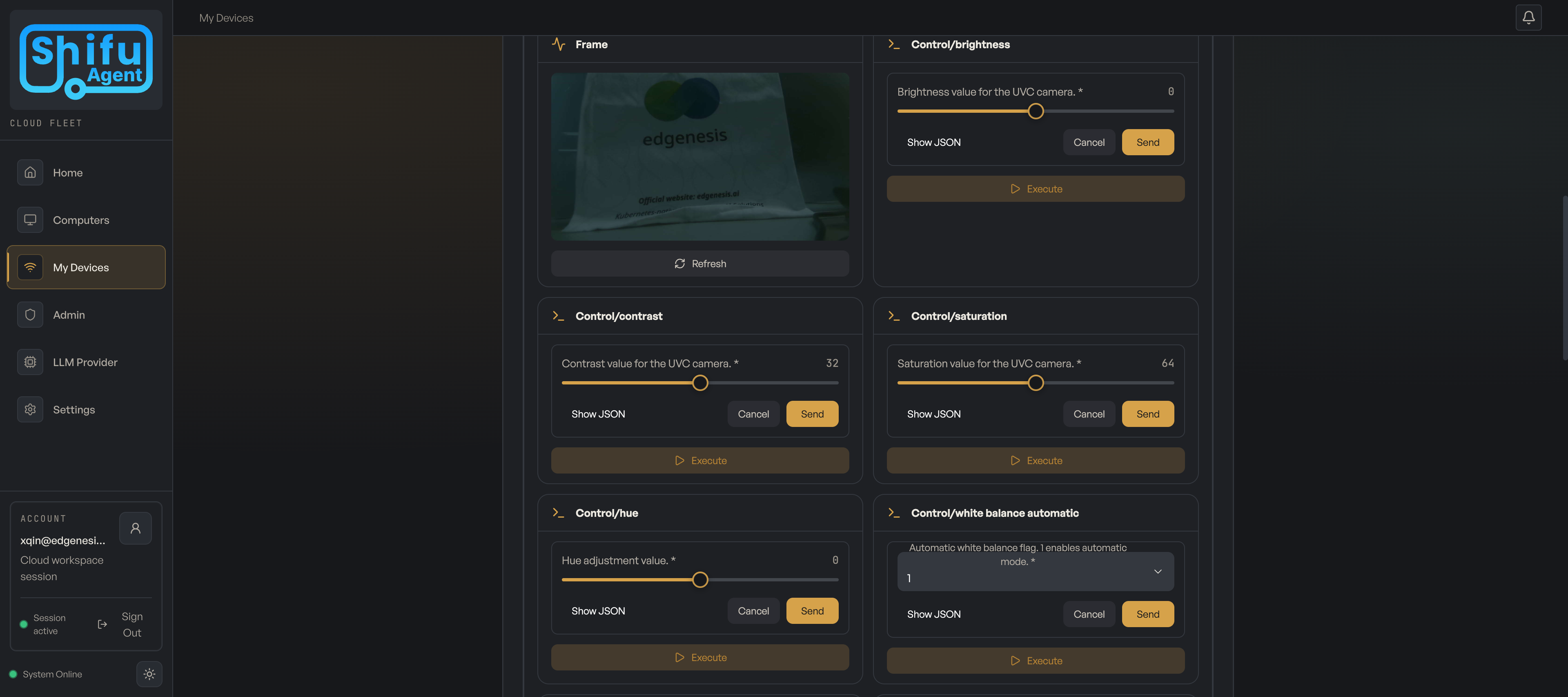 Successfully onboarded USB camera streaming a live frame with auto-discovered controls