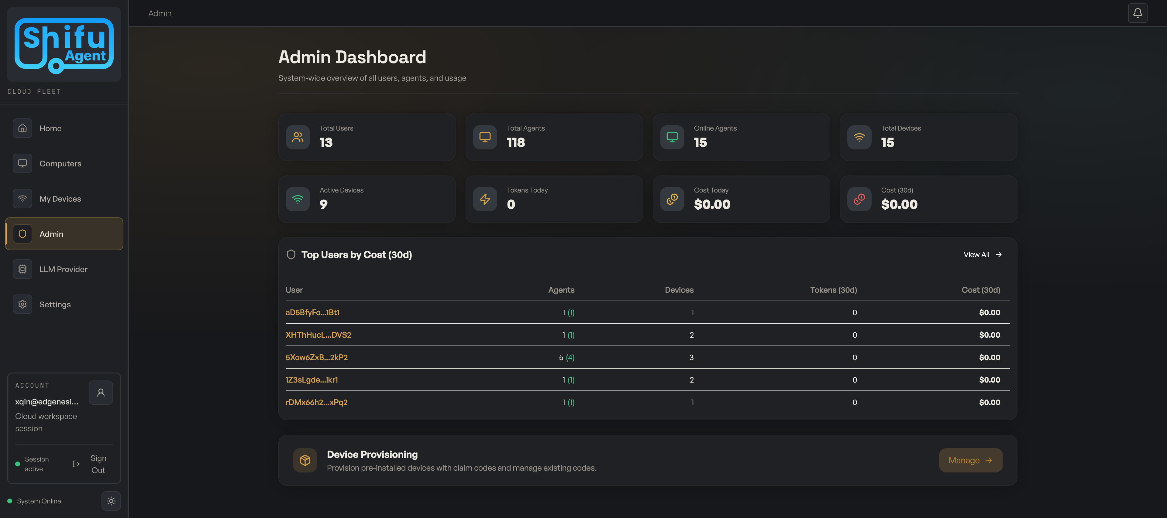 Admin dashboard with fleet-wide statistics: users, agents, devices, and LLM costs