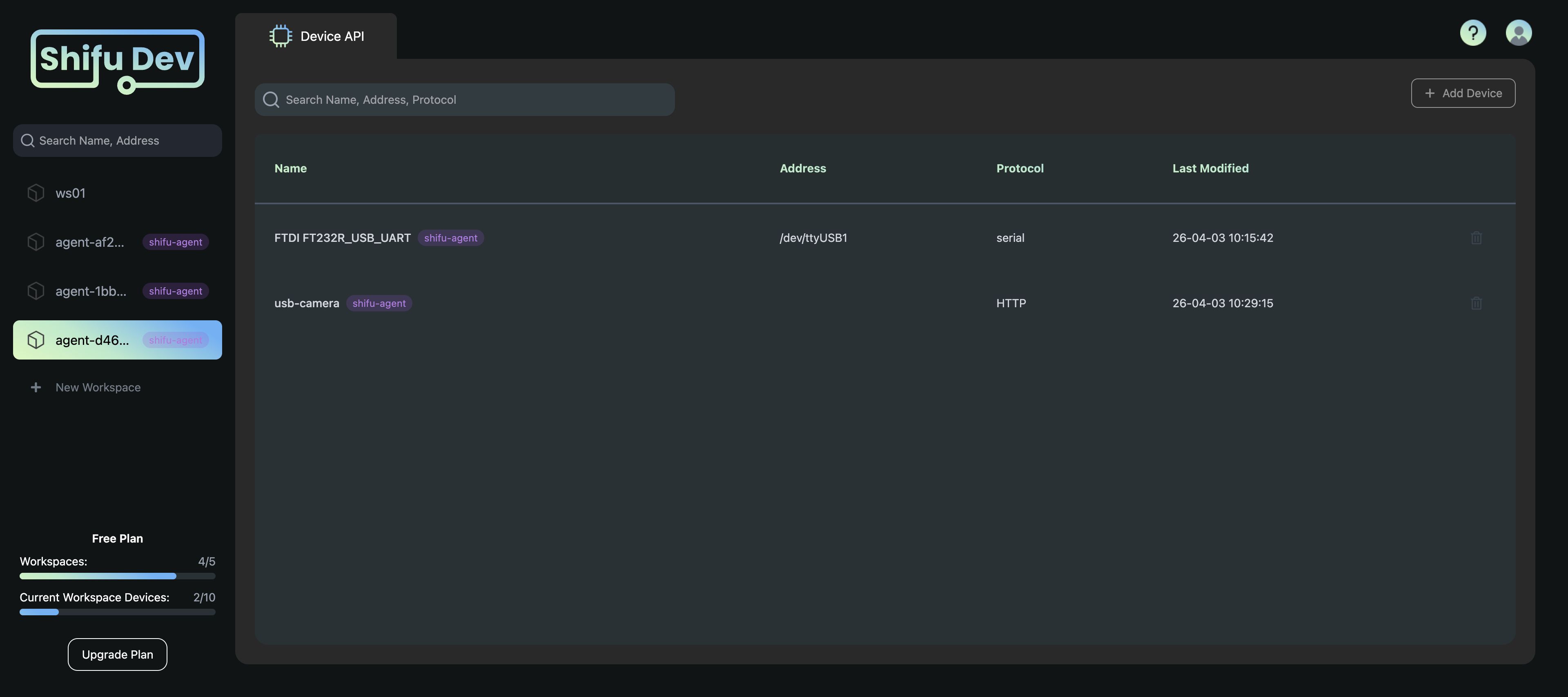 Shifu Dev showing both onboarded devices with auto-generated API endpoints