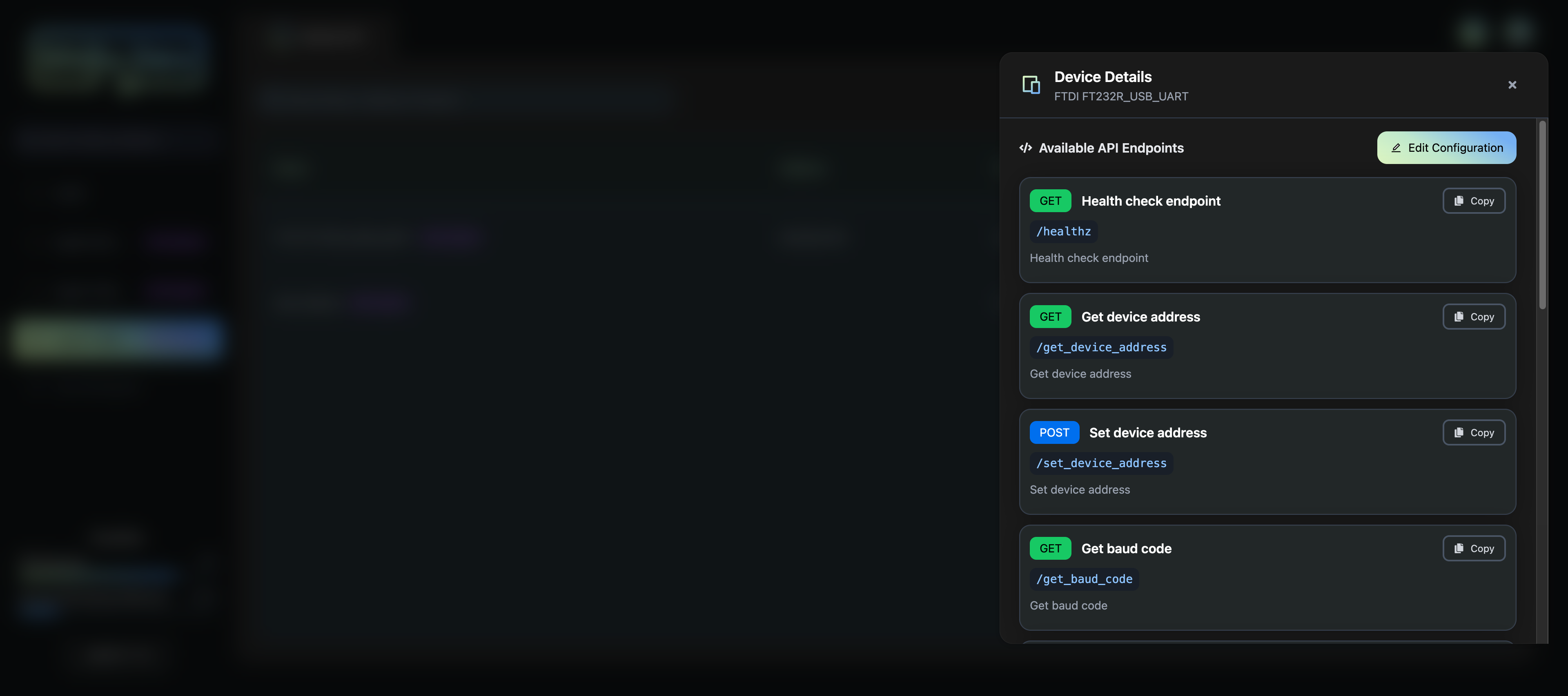 FTDI serial device API: 6 endpoints including health check, register read/write, and device address management