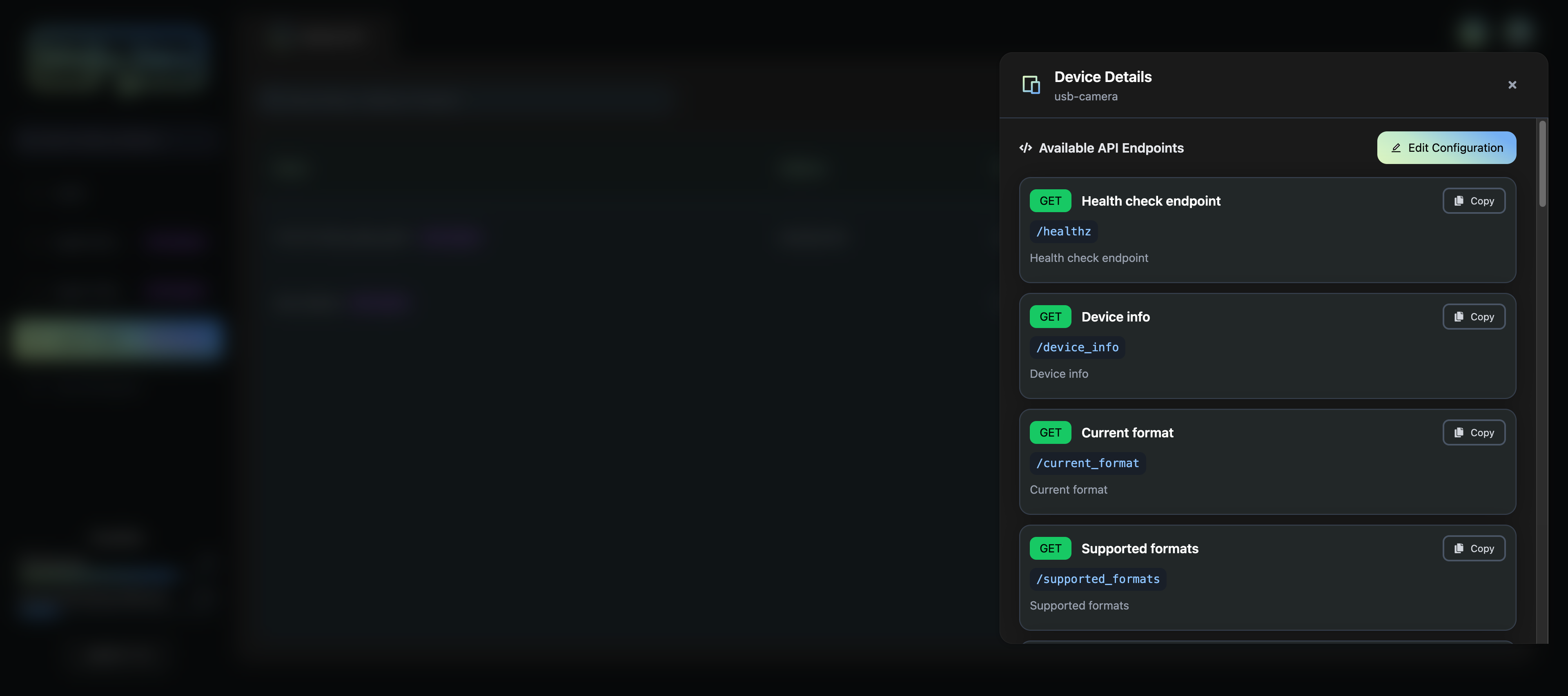 USB camera API: 20 endpoints including frame capture, device info, and full camera controls