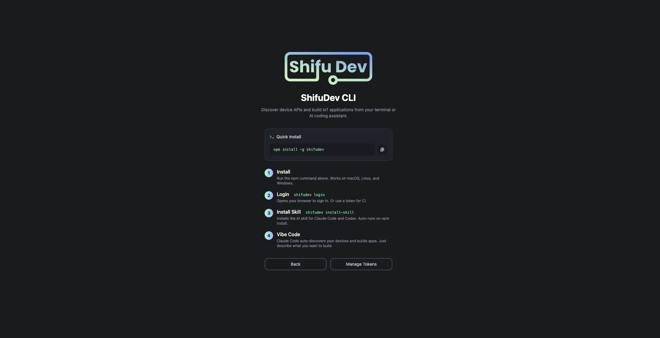 ShifuDev CLI — discover devices, install the skill, and vibe code your IoT fleet in four steps