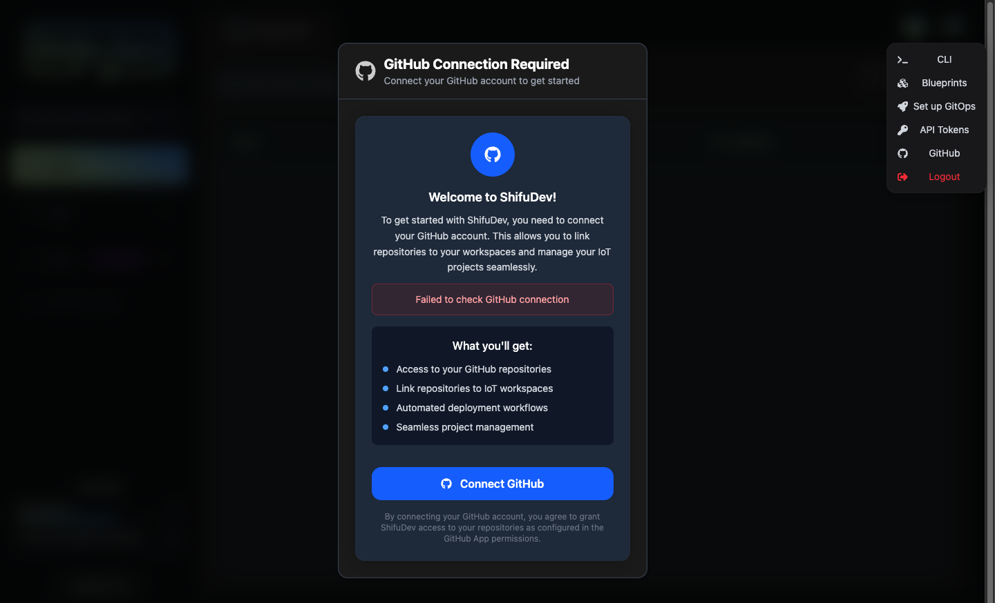 The "Set up GitOps" entry in the Shifu Dev user menu, alongside CLI, Blueprints, and API Tokens
