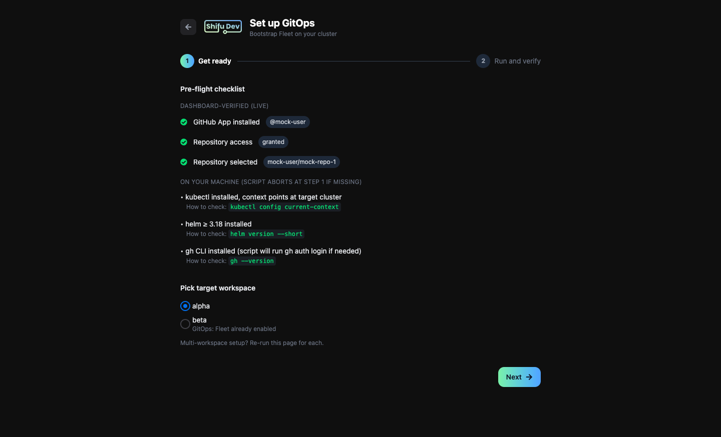 Step 1 of the GitOps setup wizard: dashboard-verified checks show green, local prerequisites listed with verification commands, and workspace picker with Fleet badge on already-enabled workspaces