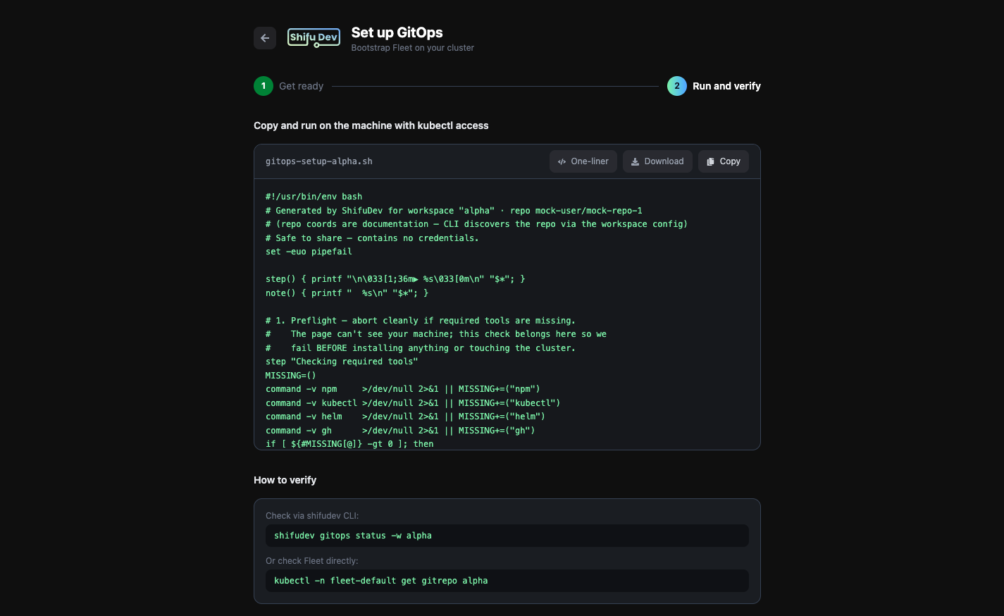 Step 2 shows the generated bash script with One-liner, Download, and Copy buttons, plus post-install verification commands
