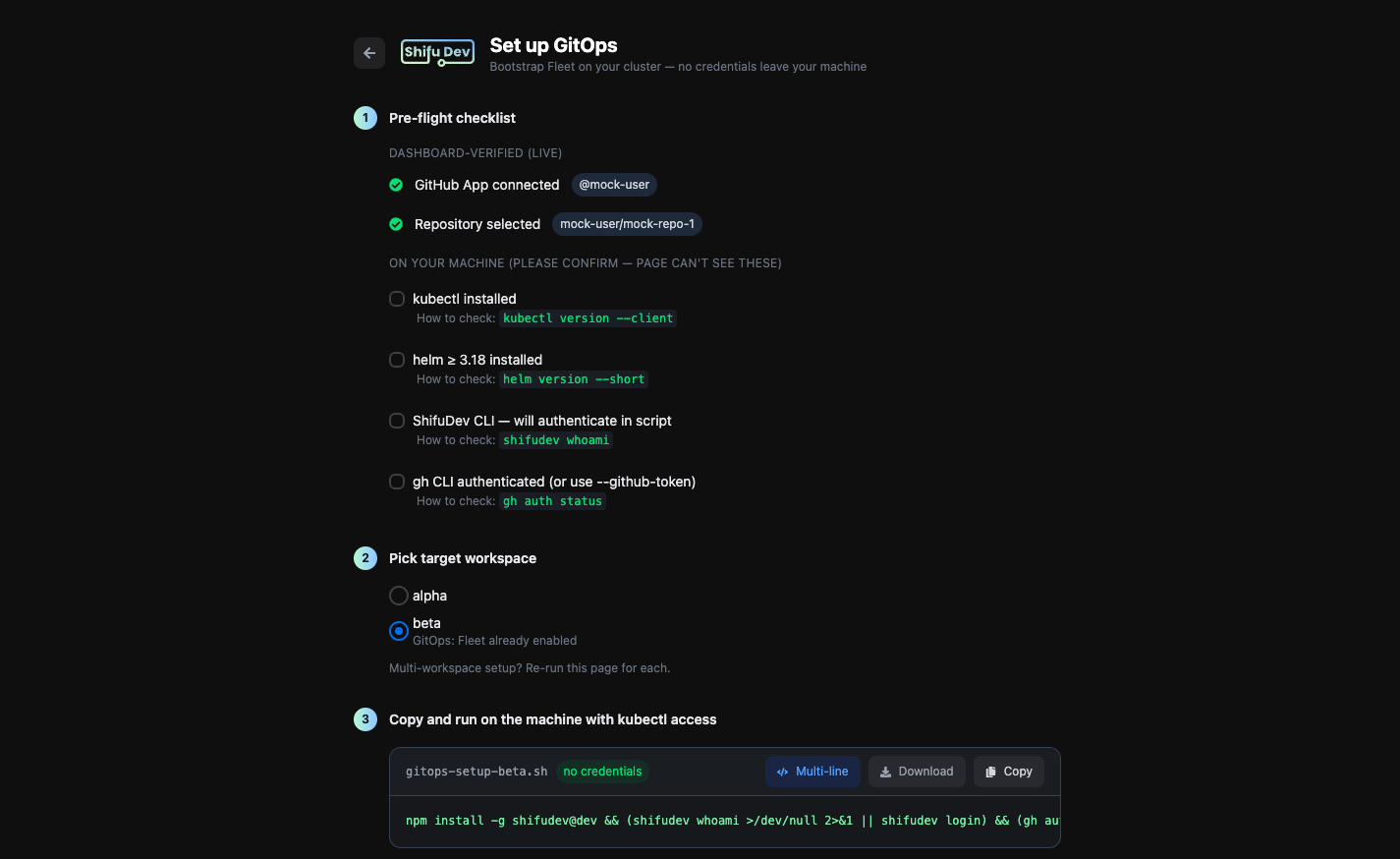 The full setup page in one-liner mode, showing the "no credentials" badge next to the script filename